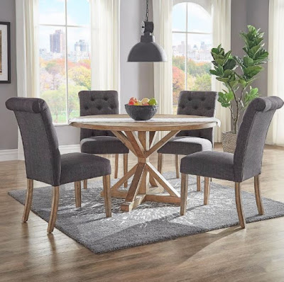 Gray dining room furniture with round wooden dining table