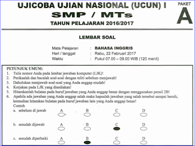  ini merupakan file terbaru yang berisi contoh soal latihan Ujian Nasional  Soal Try Out (TO) UN/UNBK SMP/MTS Bahasa Inggris 2017/2018