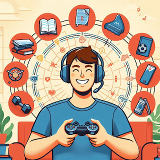 A happy gamer enjoying a game with a balanced life, surrounded by symbols of different activities like books, weights, and friends.