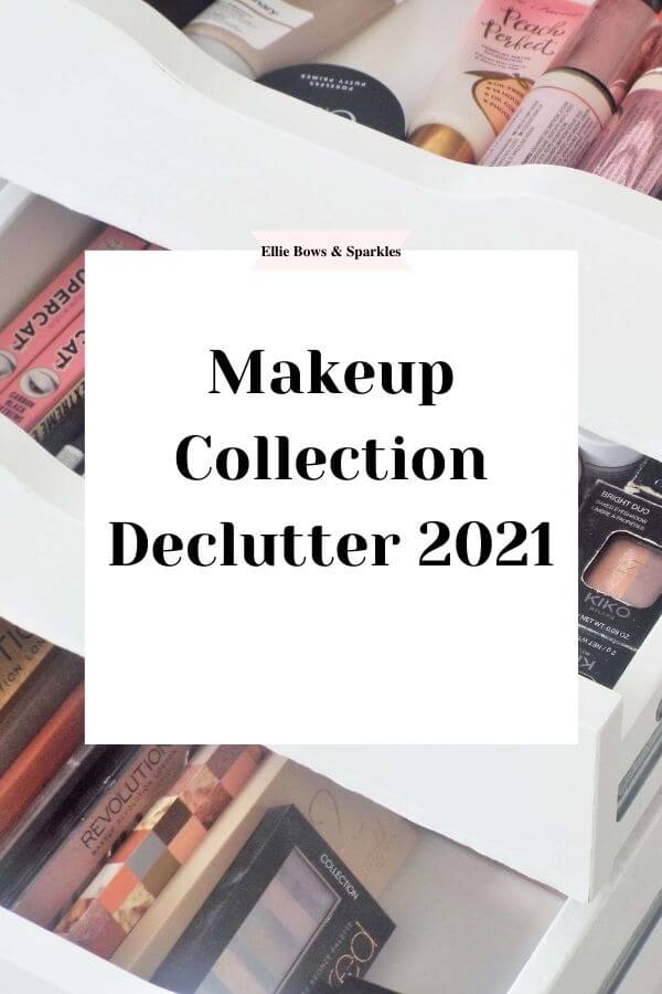 Pinterest pin of makeup draws, with square title card, to pin and save the post Makeup Collection Declutter | 2021.