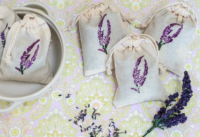 lavender sachets made with dried lavender, stamped image using acrylic paints