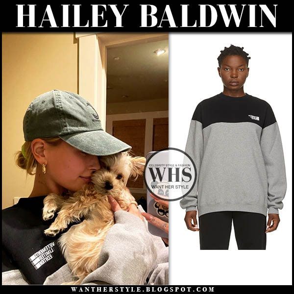 Hailey Baldwin wearing grey and black Vetements sweatshirt