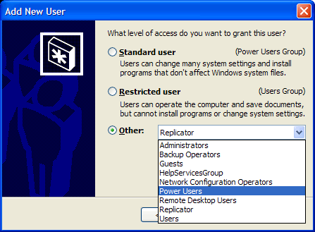 user account level access windows xp