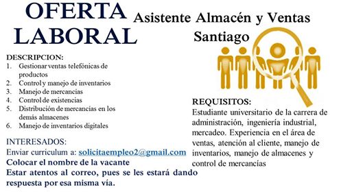 Oferta de Empleo para Asistente Almacén y Ventas en Santiago