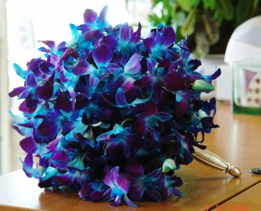 Blue orchids and white roses bridal bouquet