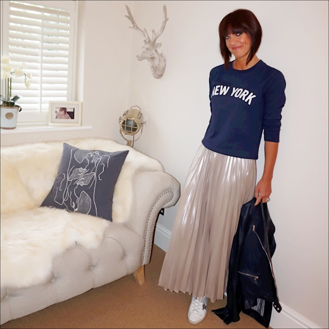 my midlife fashion, j crew new york sweatshirt, debenhams jenny packham metallic pleated maxi skirt, massimo dutti navy leather biker jacket, golden goose superstar low top leather trainers