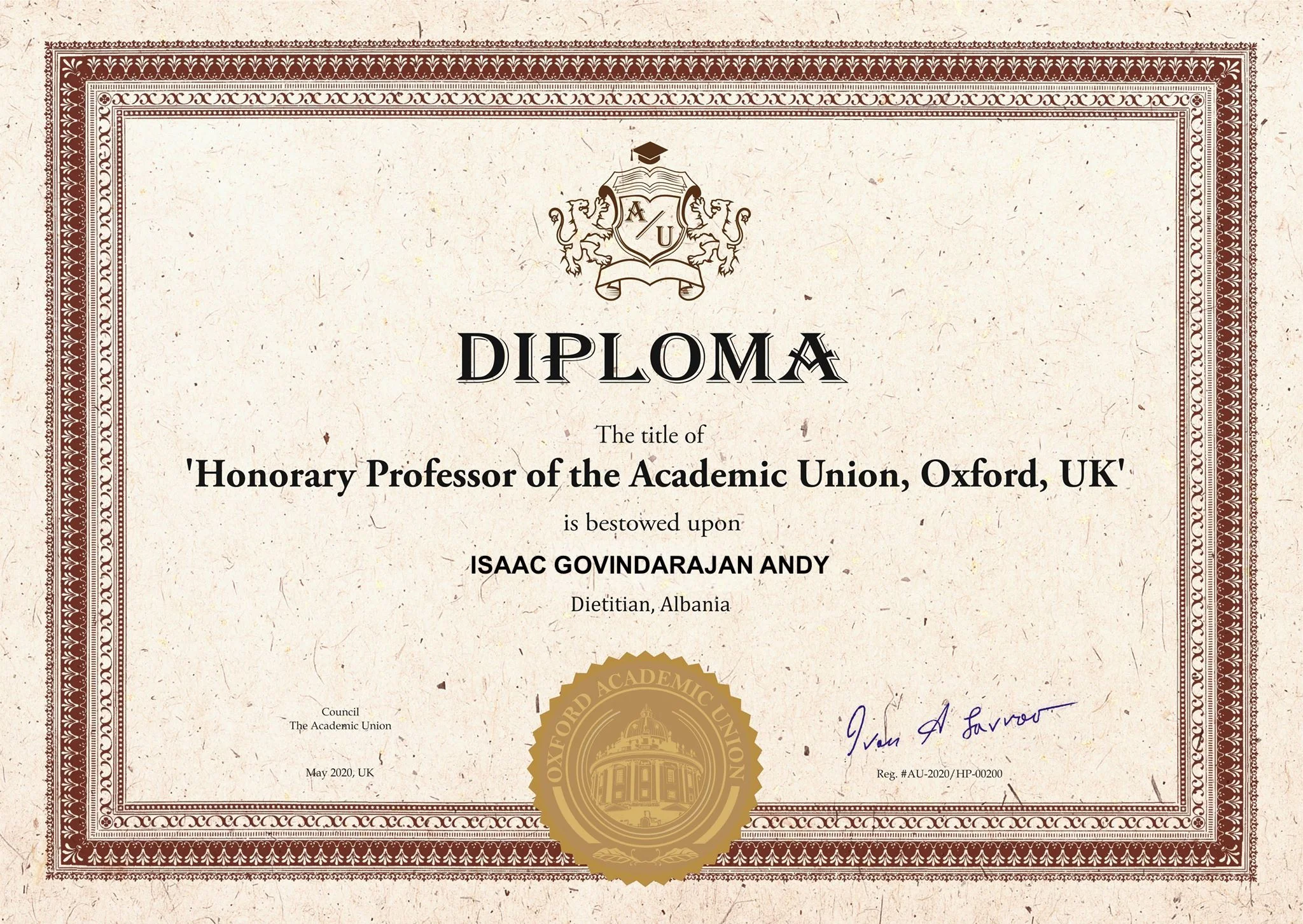 Honorary Professor of Prof. Dr.  Isaac Govind Andy