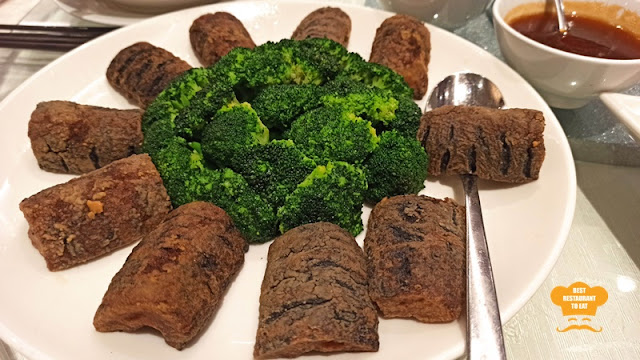 Crispy Sea Cucumber with Abalone Sauce and Australian Baby Broccoli