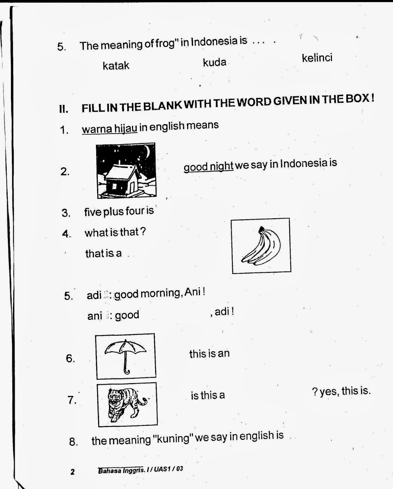 Ulangan Akhir Semester Semester I 2013 2014 SD Kelas 1 Bahasa Inggris