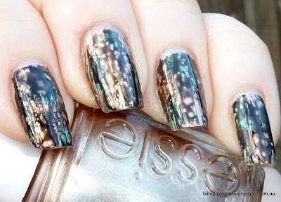 OPI Black Spotted over Essie Penny Talk and China Glaze For Audrey