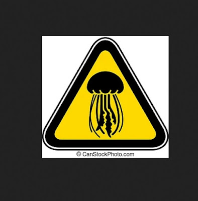 8. "It" wants us to look on in curiosity, no wonderment. The warning of the Blue Bottle Jellyfish with stingers.