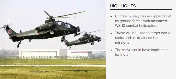 Chinese WZ-10 military helicopters take off during a flight rehearsal