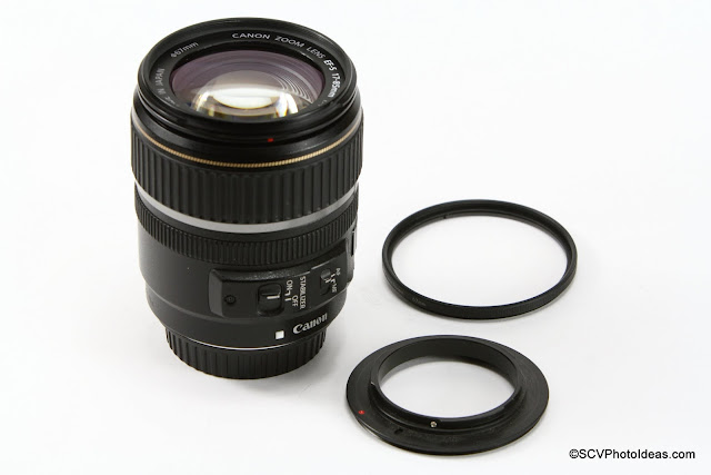 Canon EF-S 17-85 IS USM w 67mm Reverse Mount Adapter Ring aside