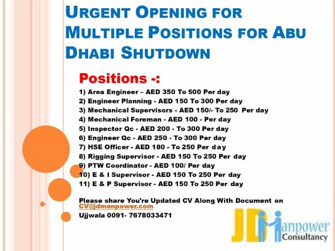 Abu Dhabi Oil & Gas Shutdown Jobs : JD Manpower Consultancy