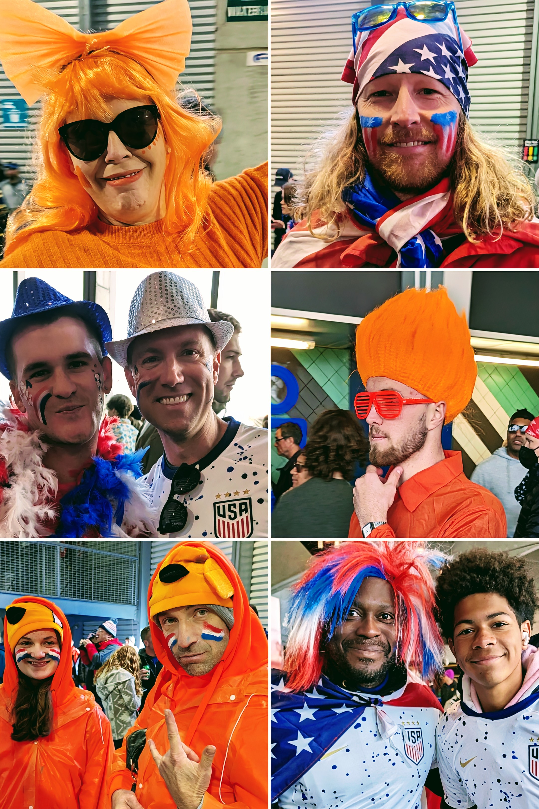 Collage of 6 Women's World Cup photos, each is of a dress-up person or couple photographed walking the stadium concourse. 3 USA fans and 3 Netherlands.