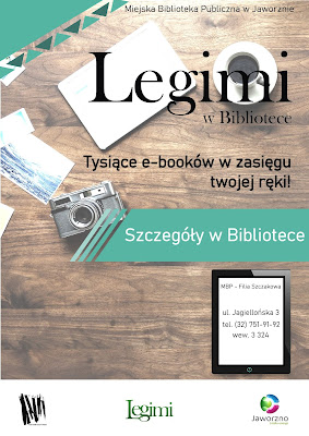 Filiżanka kawy i aparat fotograficzny na drewnianym blacie stołu. Tekst: Legimi w Bibliotece. Tysiące e-booków w zasięgu twojej ręki. Szczegóły w Bibliotece. Poniżej strony znajduje się tablet z napisem - ul. Jagiellońska 3, tel. (32) 751 91 92. wew. 3 324.