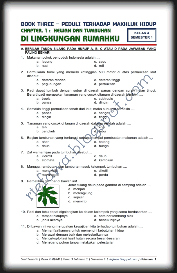 Download Soal Tematik  Kelas  4  Tema 3 Subtema 1 Peduli 