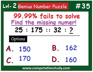 Number Puzzle: Find the missing number: 25 : 175 :: 32 : ?