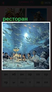  под водой ресторан и над головами посетителей плавают рыбы