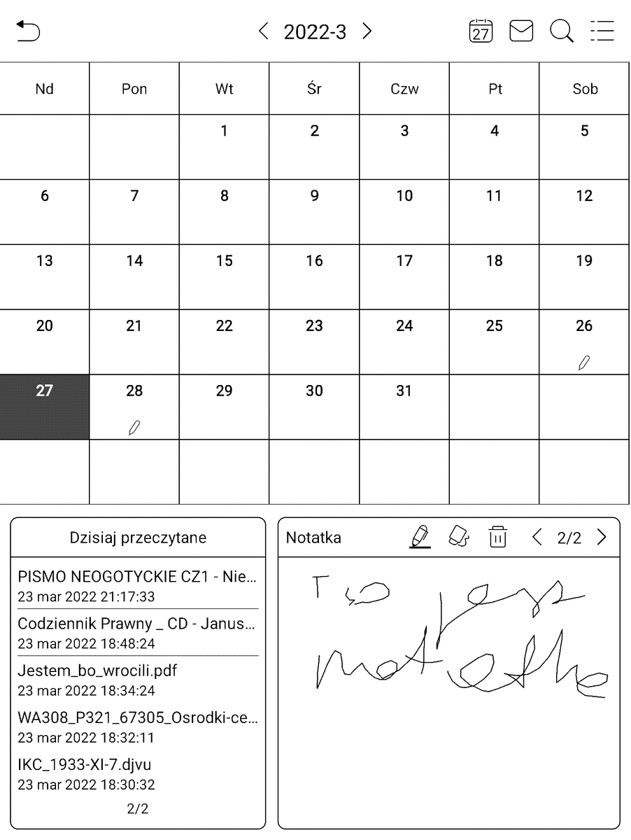 Onyx Boox Leaf – aplikacja Notatka z kalendarza