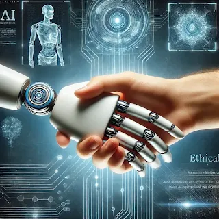 A robotic hand shaking a human hand, symbolizing ethical AI development and collaboration
