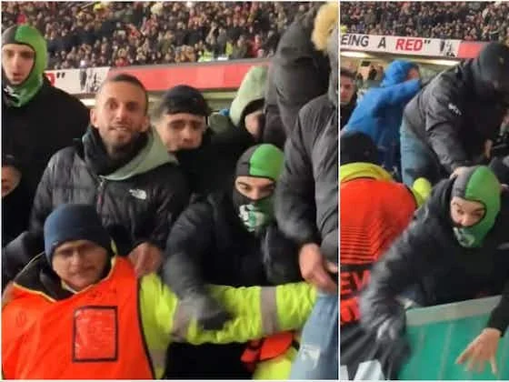 Real Betis supporter caught taking his belt off to try and whip Man Utd fans during 4-1 defeat