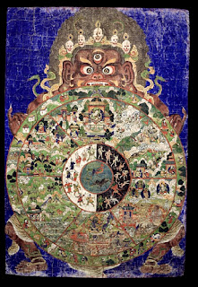 The earliest known Wheel of Life (bhavachakra) depiction is painted on a wall in the Ajanta Cave complex in India. Holding the wheel is Yama, God of Death. The fact that this image is painted on the wall of a cave does not disqualify it, in my opinion, from being described as a thangka. Wikipedia: a thangka is a Tibetan Buddhist painting on cotton, or silk appliqué, usually depicting a Buddhist deity, scene, or mandala.