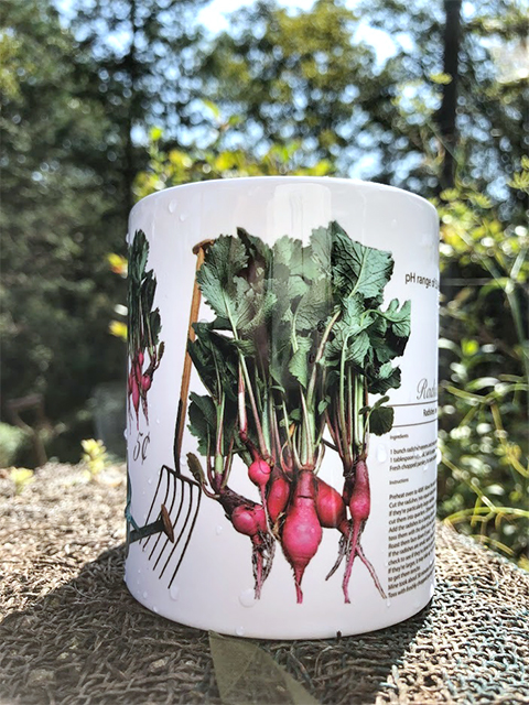 mug designed with radishes that were designed grown and harvested from seeds.