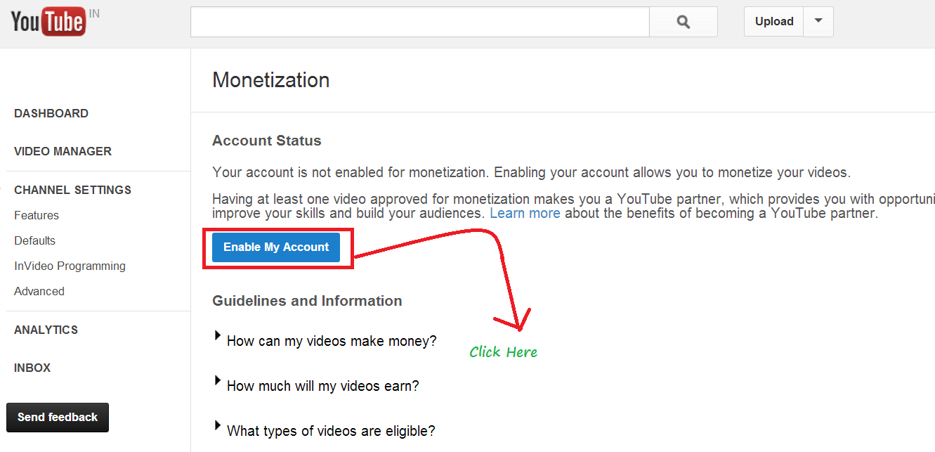 enable monetization for your YouTube account