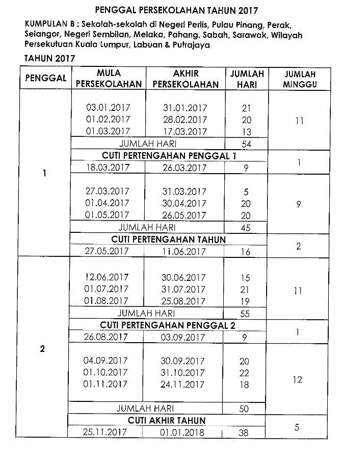 Kalendar 2017 Cuti Umum Dan Cuti Sekolah Malaysia