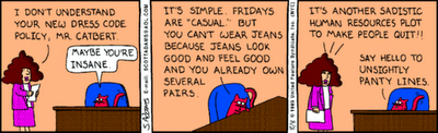 image: cartoon by Scott Adams (Dilbert) about casual Friday policy