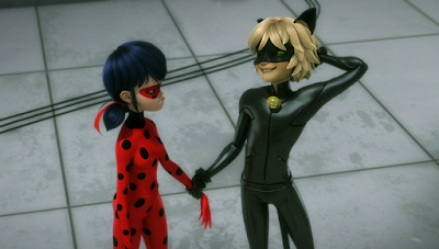 Ladybug looks annoyed at Cat Noir, who smiles sheepishly. He is holding her hand