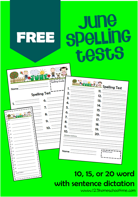 Printable June Spelling Test for Homeschooled 1st, 2nd, 3rd, 4th, 5th, and 6th grade students