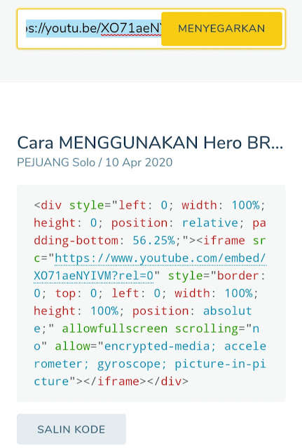 Dalam Menaikkan Trafik,atau penonton Video youtube caranya Sangatlah banyak,Salahsatunya adalah menyisipkan Atau menampilkan video kita didalam Artikel website maupun Blog yang kita miliki sendiri yang sering disebut dengan EMBED Video Youtube    Terlebih lagi jika pengunjung website/blog kita memiliki visitor yang tinggi,maka views Video yang kita Sisipkan Di dalam postingan Artikel akan ikut juga naik jika di klik oleh pengunjung.     Contoh video yang dimasukkan kedalam postingan di artikel blog     Ini juga merupakan salah satu optimasi yang bisa kita terapkan pada Chanel YouTube yang kita kelola,Khususnya bagi pemula dalam mengejar jam tayang supaya cepat mencapai 4000 jam tayang seperti yang sudah di tetapkan oleh pihak YouTube sendiri.    Bisa juga meningkatkan peringkat video di mesin pencari.    Seperti contoh Video game Yang saya EMBED dari YouTube di bawah ini:        bagaimana cara menyisipkan ya?Untuk itu ,pada Artikel kali ini,berikut Cara Membuat Video YouTube Tampil Di Dalam Artikel website,Blog (EMBED VIDEO)   1.Salin link video yang ingin di masukkan atau disisipkan pada artikel website atau blog.    2.Kunjungi Atau klik di https://iframely.com  Gambarnya seperti berikut:      EMBED video youtube      3.Tempelkan Link didalam kotak yang telah disediakan    4.Silakan Kopi Kode Inframe yang telah di hasilkan seperti gambar berikut:      Kode EMBED inframe      5.Tempelkan didalam Artikel Dalam mode Html.    6.Selesai.    Itulah cara memasukkan video kedalam postingan website/blog  Atau cara bed video YouTube di blogger,maupun situs lainya seperti wordpress.