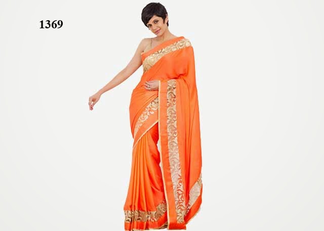 1369 - Mandira Bedi In Designer Orange Saree with Golden Border