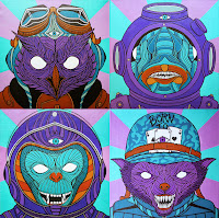 Paint Yonni-Gagarine : Acrylic 40x40 owl fish monkey wolf helmets