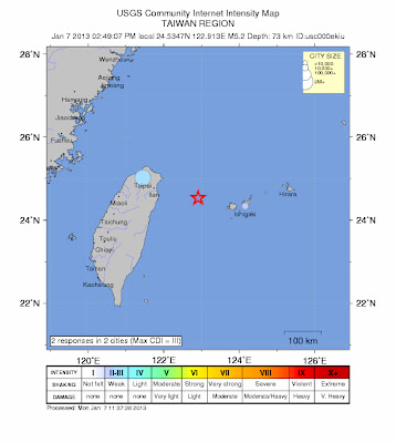 Epicentro sismo 5,6 grados Taiwan, 07 de Enero 2013