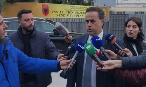 Greek minister Stavros Papastavrou being interviewed by Albanian journalists after visiting Fredi Beleri