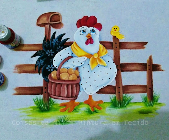 pintura em tecido galinha com cesto de ovos