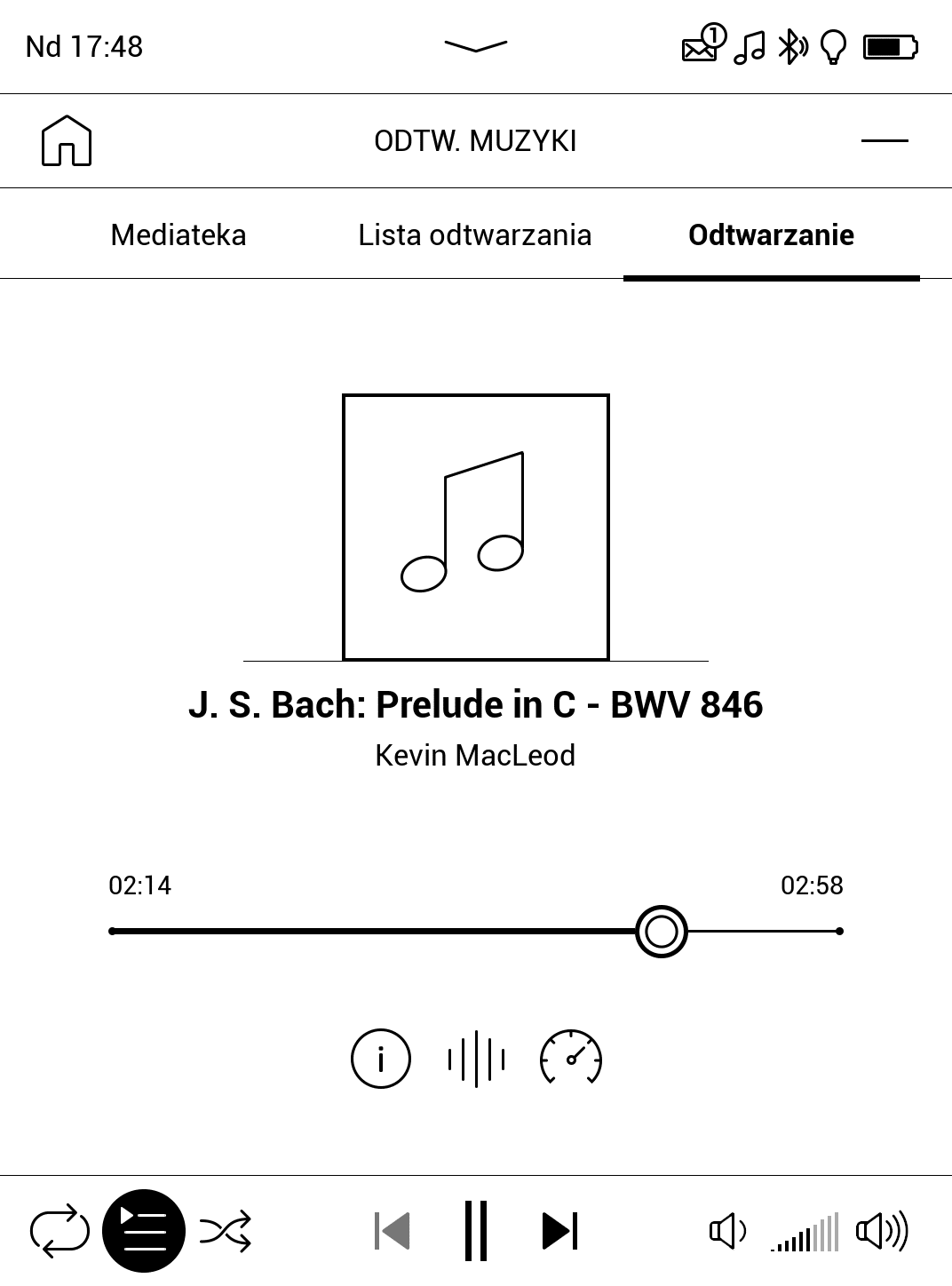 Odtwarzacz muzyki w PocketBook Color 633 – ekran odtwarzania utworu