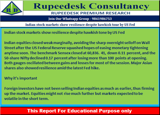 Indian stock markets show resilience despite hawkish tone by US Fed - Rupeedesk Reports - 04.11.2022