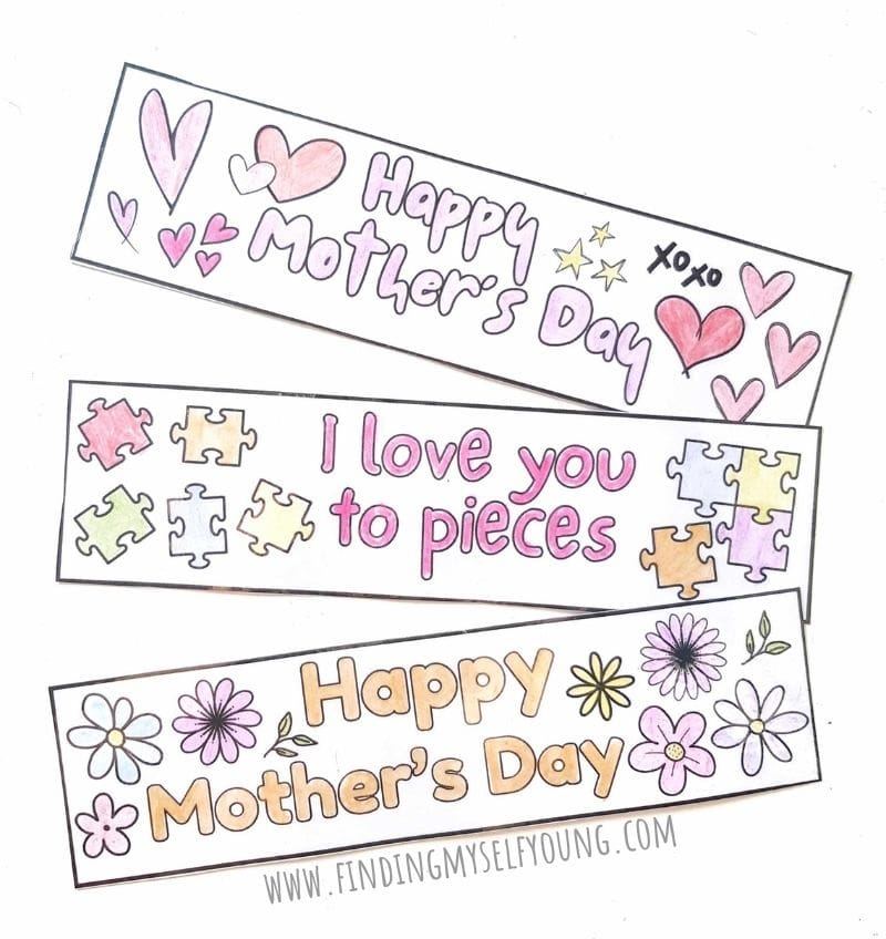 Mother's Day bookmarks coloured in.