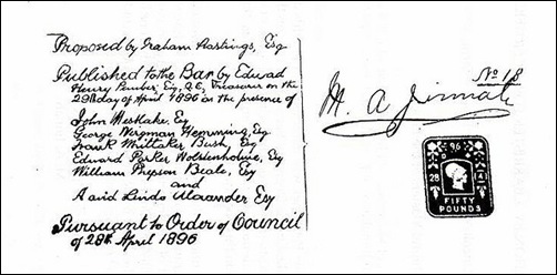 Mr Jinnah in Lincoln's Inn - Bar Book Entry, 1896