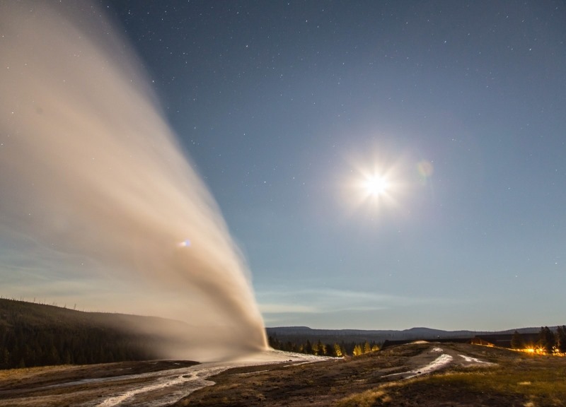 Geyser eruption at night