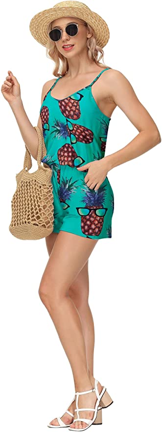 Womens Romper Summer Casual Short Jumpsuit Adjustable Spaghetti Straps Sleeveless Cami Rompers with Pockets