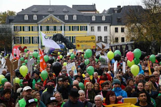 People march during a demonstration under the banner "Protect the climate - stop coal" two days before the start of the COP 23 UN Climate Change Conference hosted by Fiji but held in Bonn, Germany November 4, 2017. (Credit: Reuters/Wolfgang Rattay) Click to Enlarge.