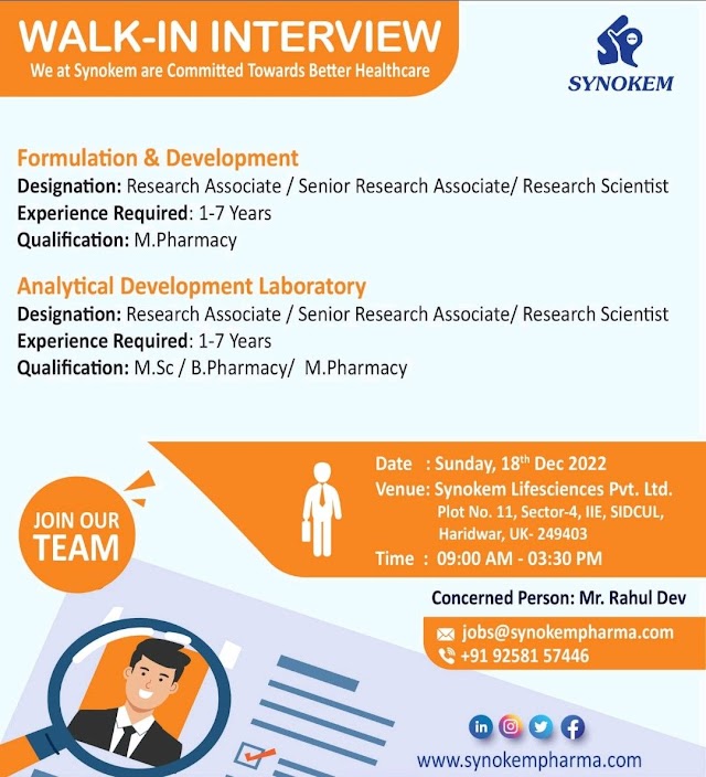 Synokem Life Sciences | Walk-in interview at Haridwar for Analytical Development & Formulation development on 18th December 2022