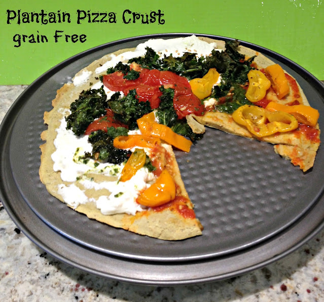 Plantain pizza with roasted vegetables and tofu cheese