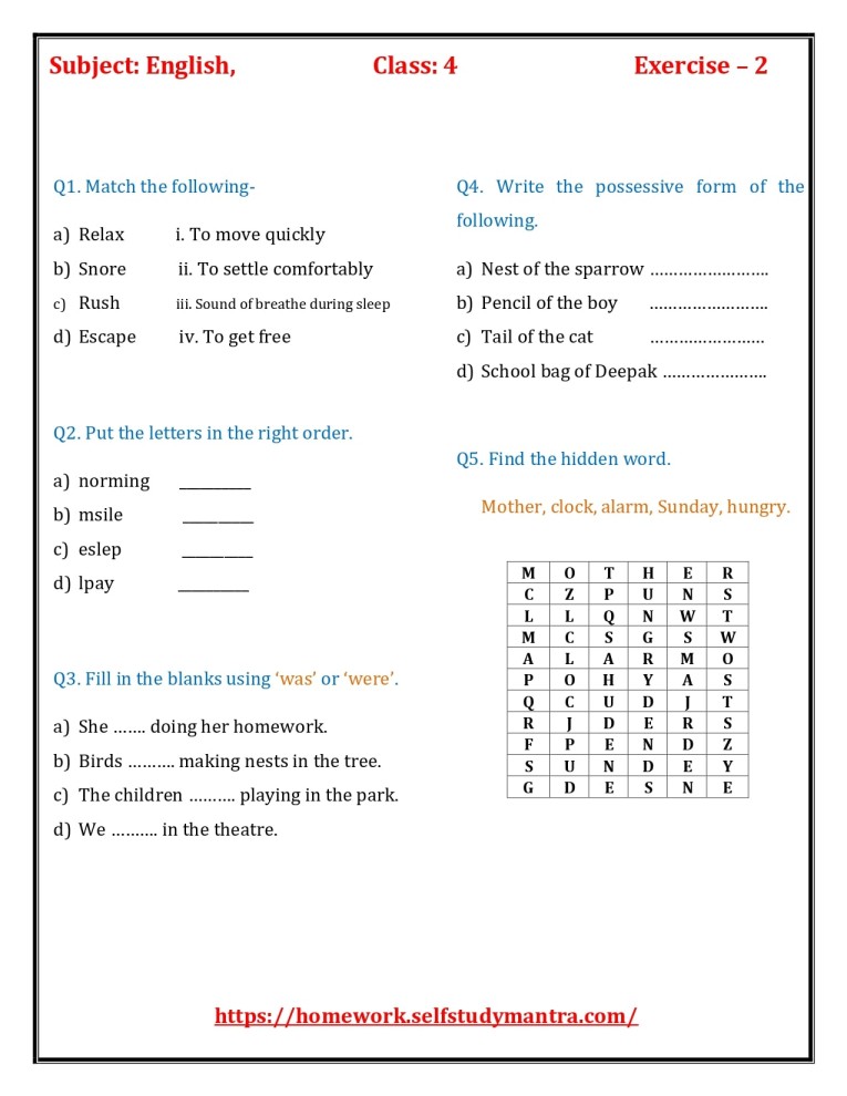 English Worksheet for Grade 4  | English Exercise 2