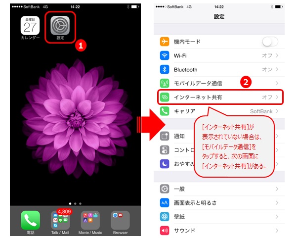 iPhone [設定] → [インターネット共有]